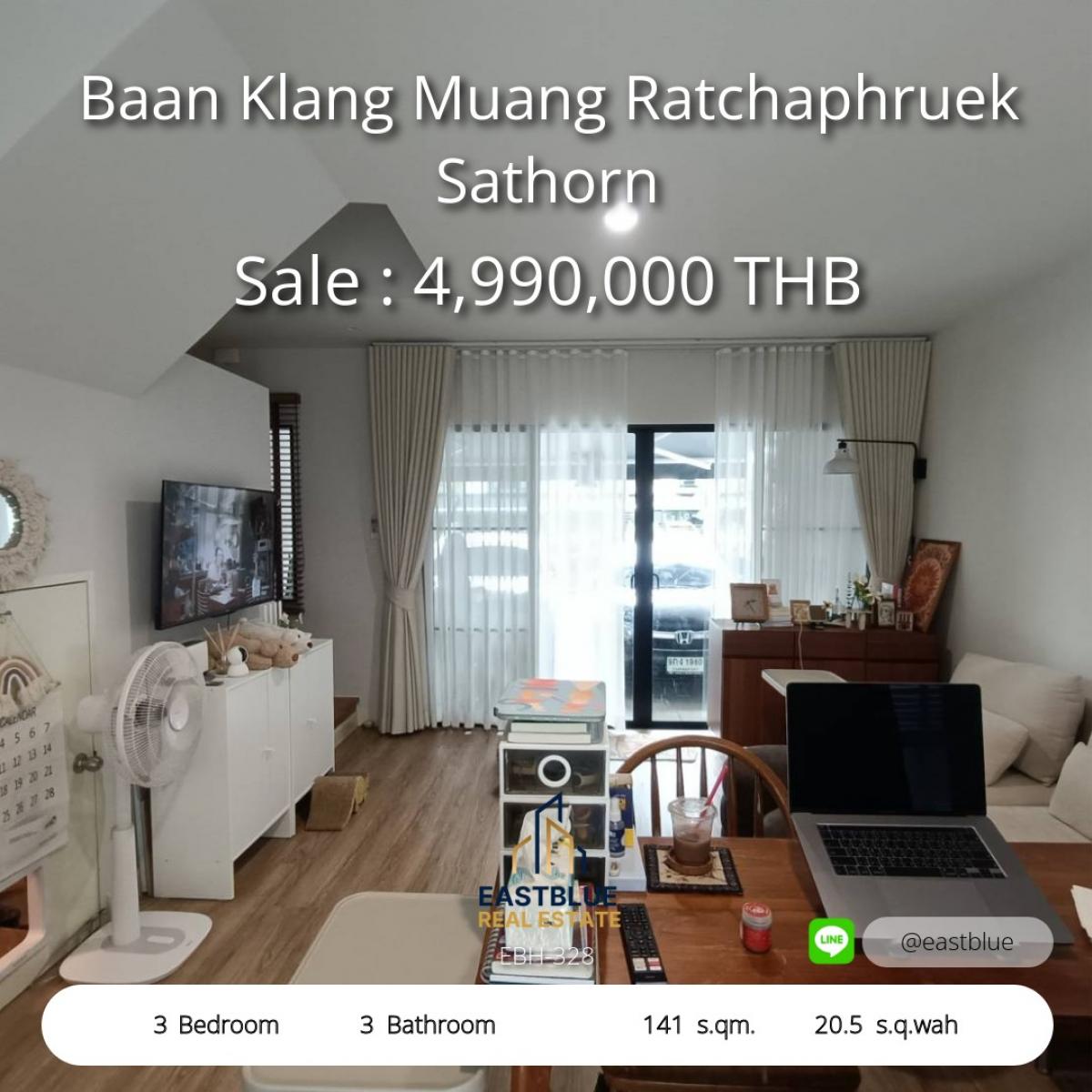 For SaleTownhomeRama5, Ratchapruek, Bangkruai : For sale/rent Baan Klang Muang Ratchaphruek-Sathorn Good house position In front of the house, dont hit anyone. There is an island in the middle of the alley. Eliminate parking problems You can turn the car around inside the alley. The back of the house i