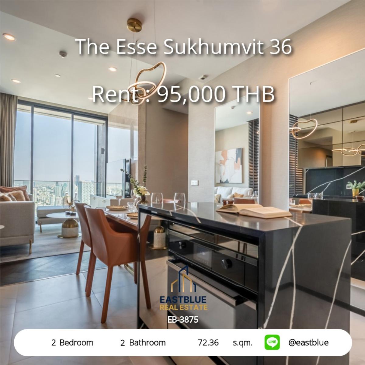 For RentCondoSukhumvit, Asoke, Thonglor : Luxury condo for rent, The Esse Sukhumvit 36, near BTS Thonglor. 
2 bedrooms, 2 bathrooms, size 72 sq m., good view, special price 95,000 baht/month!