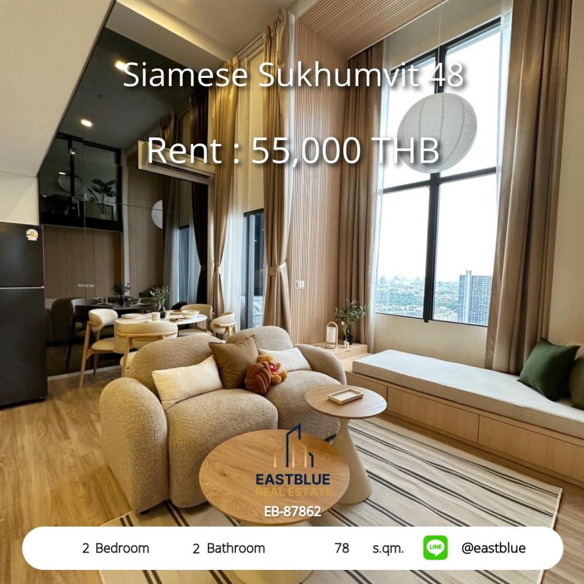 For RentCondoOnnut, Udomsuk : Beautiful room, 2 bedrooms, 2 bathrooms, Siamese Sukhumvit 48, near BTS On Nut. 
Rent for only 55,000 baht/month with complete amenities!