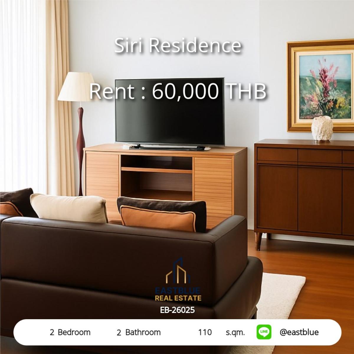 For RentCondoSamut Prakan,Samrong : Condo for rent, Siri Residence, 2 bedrooms, beautiful view, ready to move in, near BTS Phrom Phong. 
Width area 110 sq m. Only 60,000 baht/month! Book now EB-26025