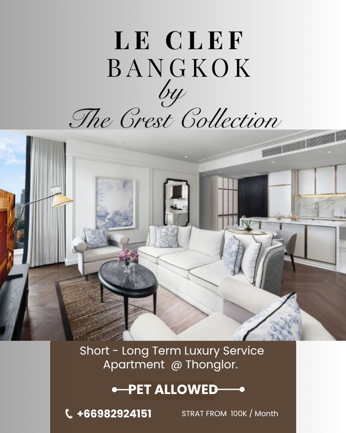 For RentCondoSukhumvit, Asoke, Thonglor : ✨ Le Clef Bangkok – Luxury Service Apartment in Thonglor ✨PET ALLOW 🐱🐶 Start From 100K/Month I Minimum 1 Month (Short Term)