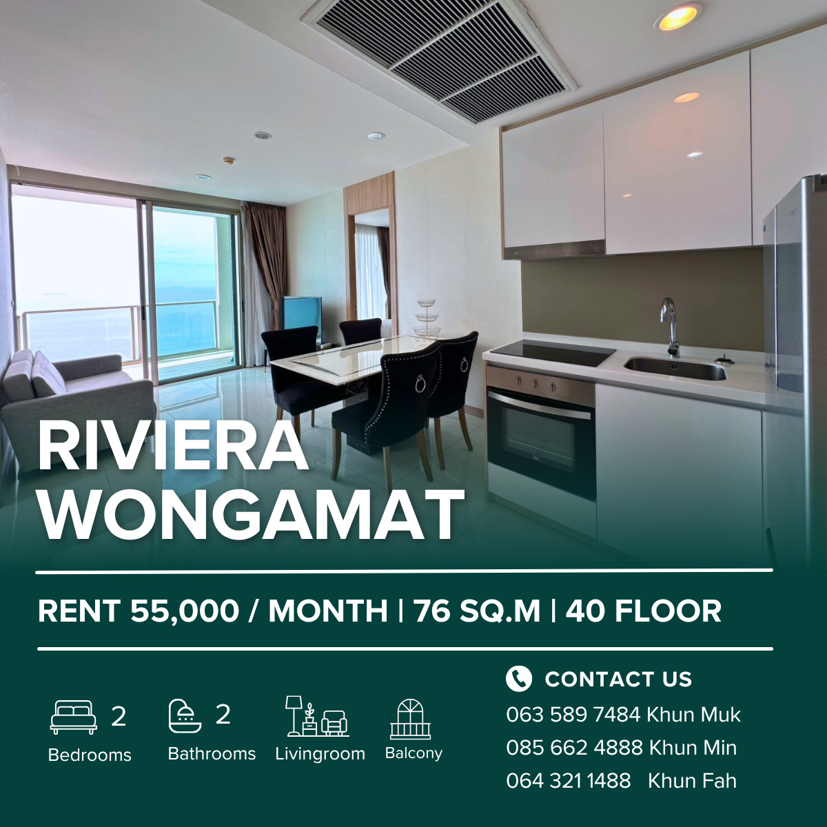 For RentCondoPattaya, Bangsaen, Chonburi : 🌊 The Riviera Wongamat – 2 Bedroom Sea View Condo For Rent 🌊 💰 55,000 THB/Month | 76 SQ.M. | 40th Floor | Tower A