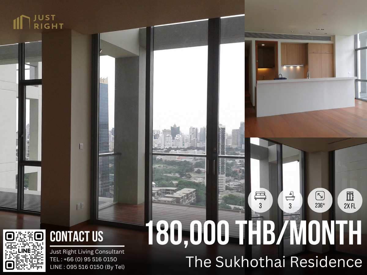 For RentCondoSathorn, Narathiwat : For rent: The Sukhothai Residence, Duplex 3 bedrooms, 3 bathrooms, 1 maid's room, size 236* sq m, 2x floor, partially furnished. Special price only 180,000 baht/month (1 year contract only)