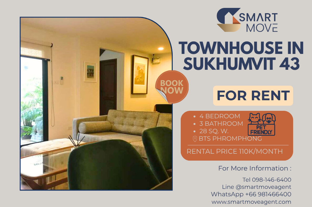 ให้เช่าทาวน์โฮมสุขุมวิท อโศก ทองหล่อ : 🔥 สำหรับเช่า ทาวน์เฮ้าส์ !! 3 ชั้น, ทำเลดี, จอดรถได้ 2 คัน, เลี้ยงสัตว์เล็กได้, ทำเป็นโฮมออฟฟิศได้ มีห้องแม่บ้าน!! 🔥 Code C20251100022..........Townhouse in Sukhumvit 43,4 ห้องนอน, 3 ห้องน้ำ, ตกแต่งบางส่วน, พร้อมเข้าอยู่ 📣📣