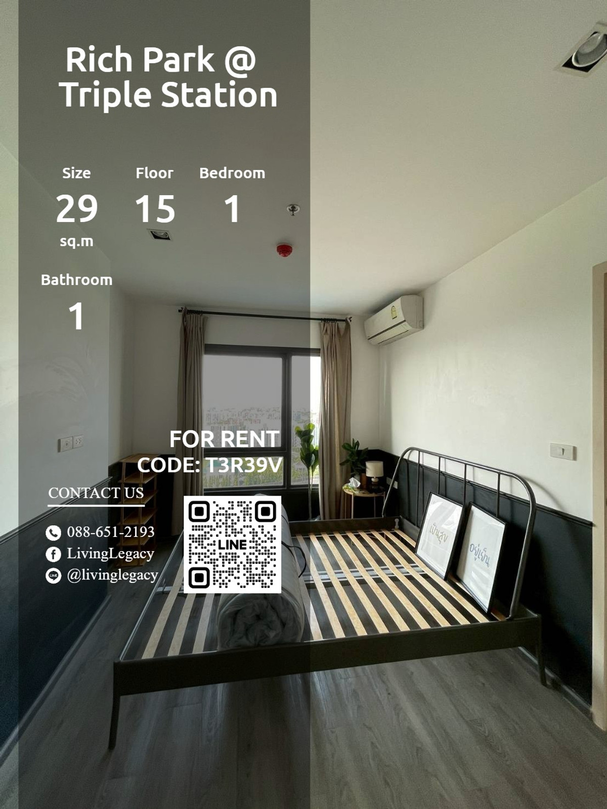 ให้เช่าคอนโดพัฒนาการ ศรีนครินทร์ : T3R39V ให้เช่าคอนโด Rich Park @ Triple Station 29 ตร.ม. ชั้น 15 line id : @livinglegacy