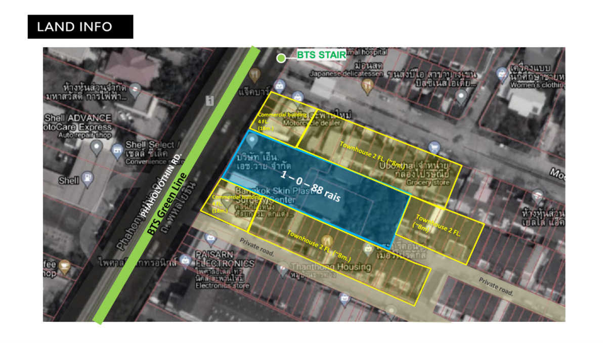 For SaleLandAri,Anusaowaree : 🔥 Khai Yolk land, Phahonyothin 59, next to BTS only 30 meters! High potential location Suitable for a low rise condo, area 1-0-88 rai, orange layout, Y.6, can build an 8-story building.