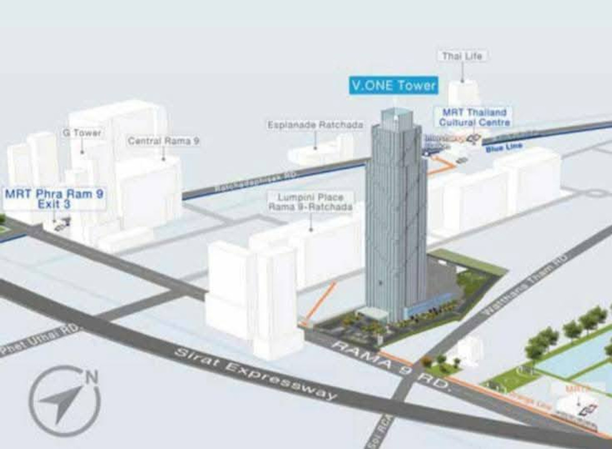 For RentOfficeRatchadapisek, Huaikwang, Suttisan : V.ONE TOWER office for rent, next to Rama 9 Road, near the MRTA Orange Line, MRTA Station, starting at 88 sq m., rent 63,360 baht/month.