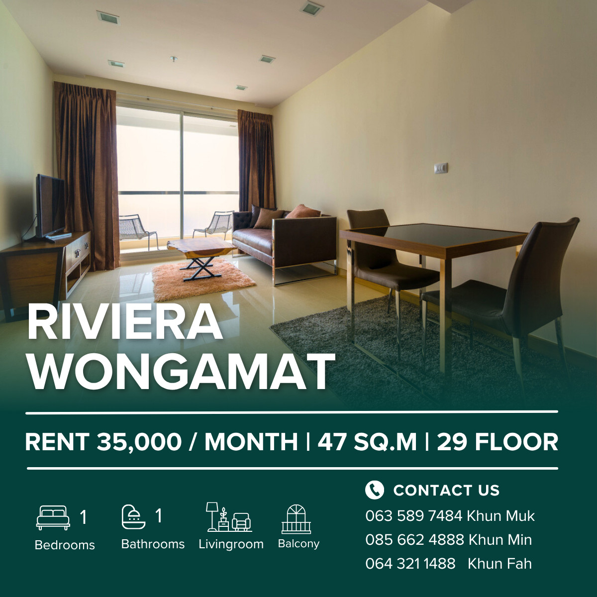For RentCondoPattaya, Bangsaen, Chonburi : Beachfront Condo for Rent – The Palm Wongamat | 1 Bedroom, 47 SQ.M., 29th Floor | 35,000 THB/Month 