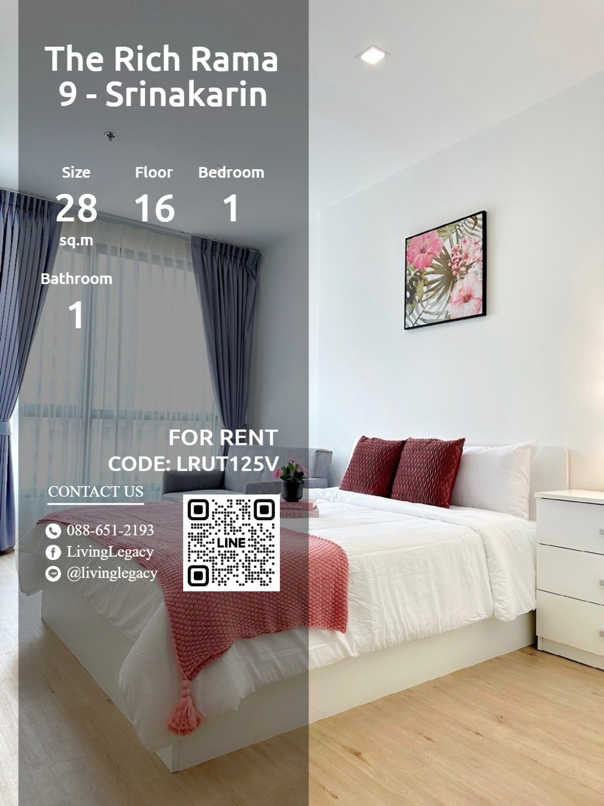 ให้เช่าคอนโดพัฒนาการ ศรีนครินทร์ : LRUT125V ให้เช่าคอนโด The Rich Rama 9 - Srinakarin 28 ตร.ม. ชั้น 16 line id : @livinglegacy