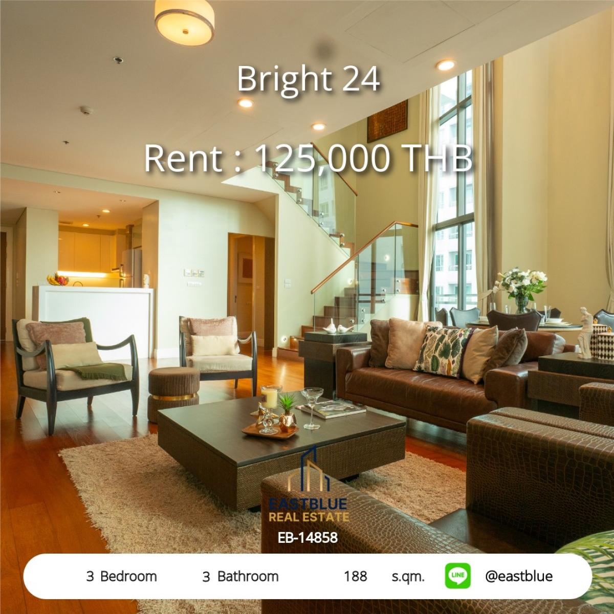 For RentCondoSukhumvit, Asoke, Thonglor : Luxury 3 Bed Condo Bright 24 in the heart of Phrom Phong
Rent 125,000 Baht/month, close to BTS and famous malls!