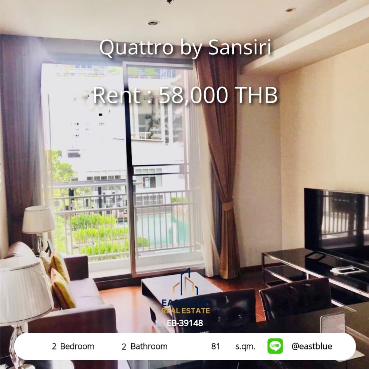 For RentCondoSukhumvit, Asoke, Thonglor : Rent Quattro by Sansiri 2 bedrooms in the heart of Thonglor
81 sq.m. Fitness pool ready to move in 58,000 baht/month!