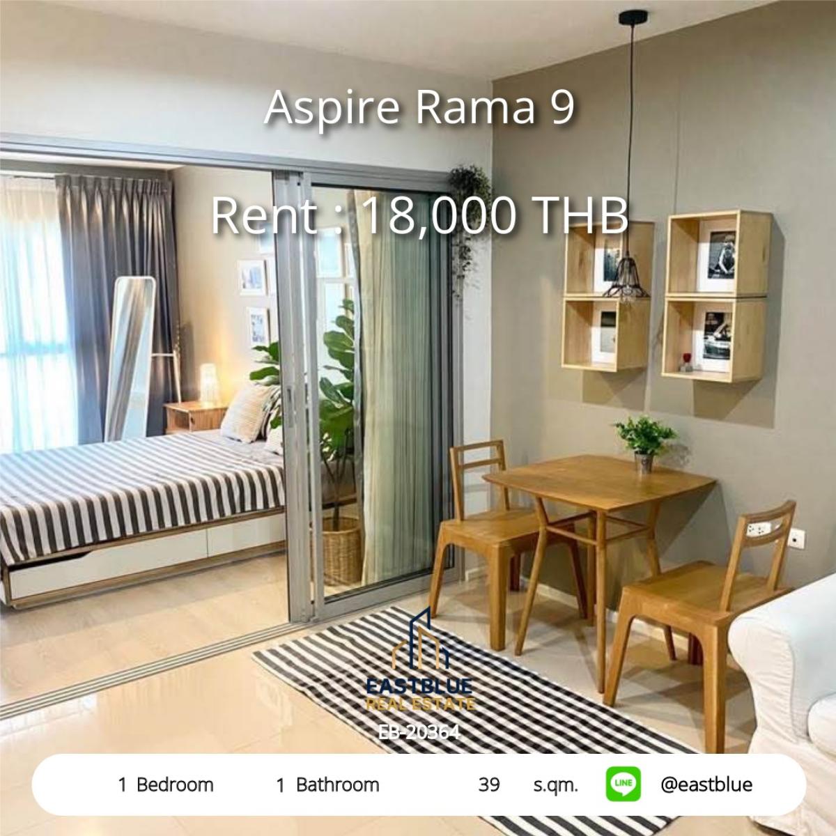 For RentCondoRama9, Petchburi, RCA : Condo Aspire Rama 9, 1 bedroom, near MRT Rama 9 
Rent for only 18,000 baht/month, complete with free amenities!