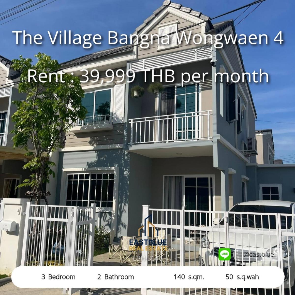 For RentHouseBangna, Bearing, Lasalle : Beautiful 3 bedroom house for rent, The Village Bangna Wongwaen 4 
Completely furnished, ready to move in, near Mega Bangna.