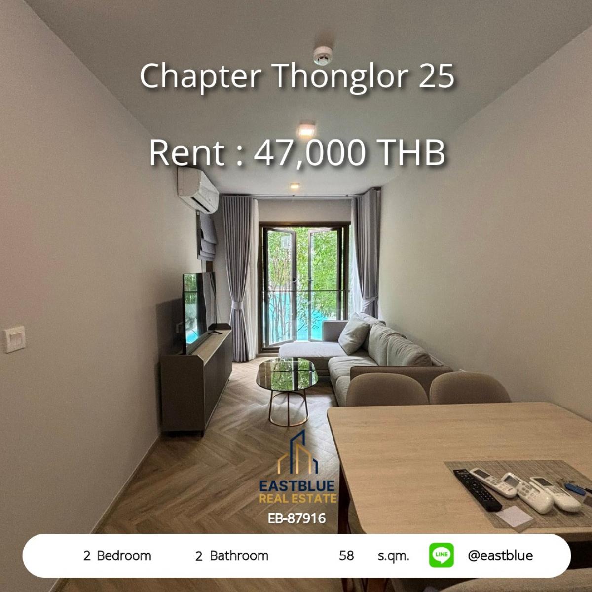 ให้เช่าคอนโดสุขุมวิท อโศก ทองหล่อ : 28/01/2026, Luxury 2 Bed Condo Chapter Thonglor 25 – BTS Thong Lo, 47,000 THB/month พร้อมสระว่ายน้ำและฟิตเนส ใกล้ THE COMMONS และ J Avenue!