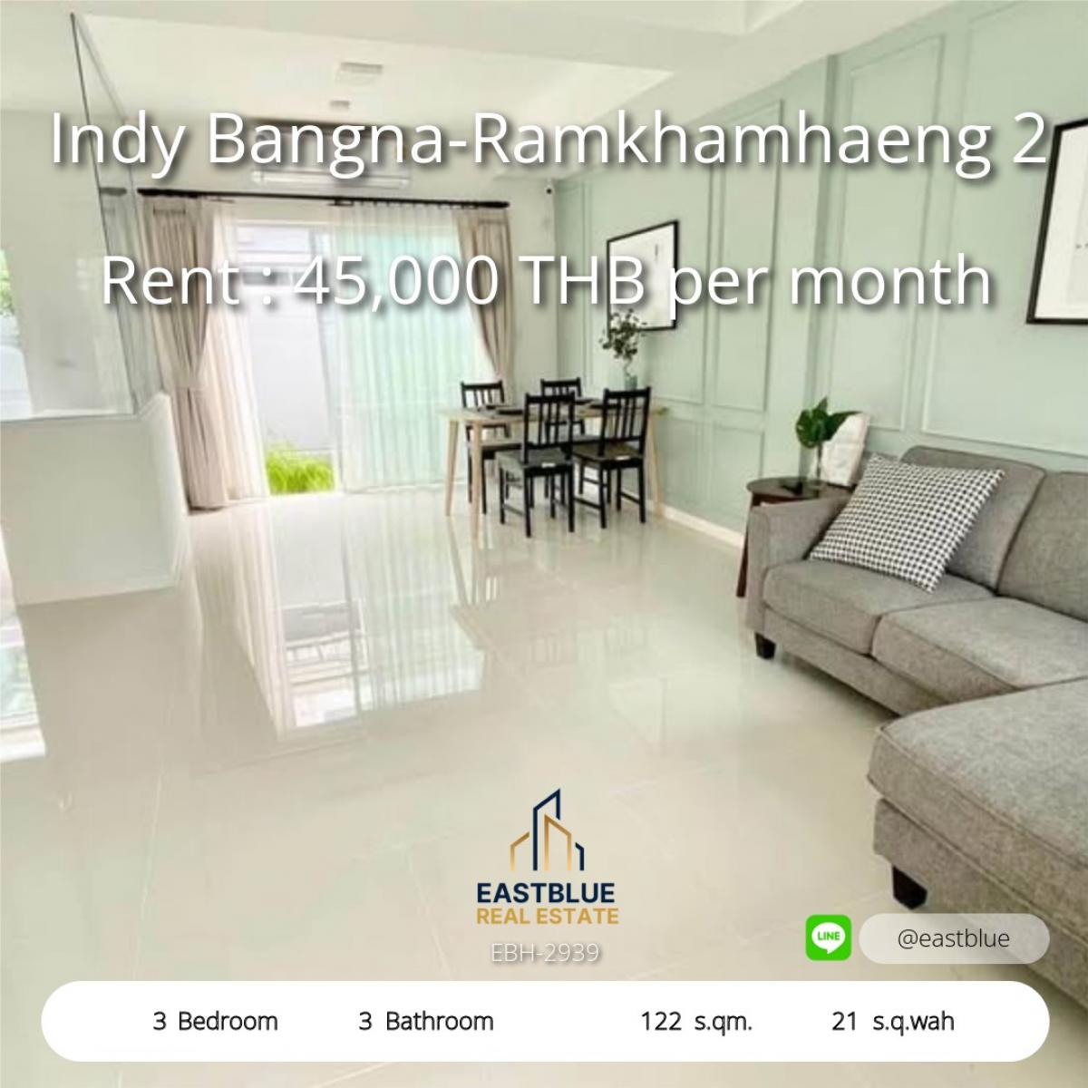 For SaleTownhomeBangna, Bearing, Lasalle : Beautiful 3 bedroom house, Indy Bangna-Ramkhamhaeng 2, ready to move in, close to the city center. Rent only 49,000 baht/mo. Width area 122 sq m. on land 21 sq m.