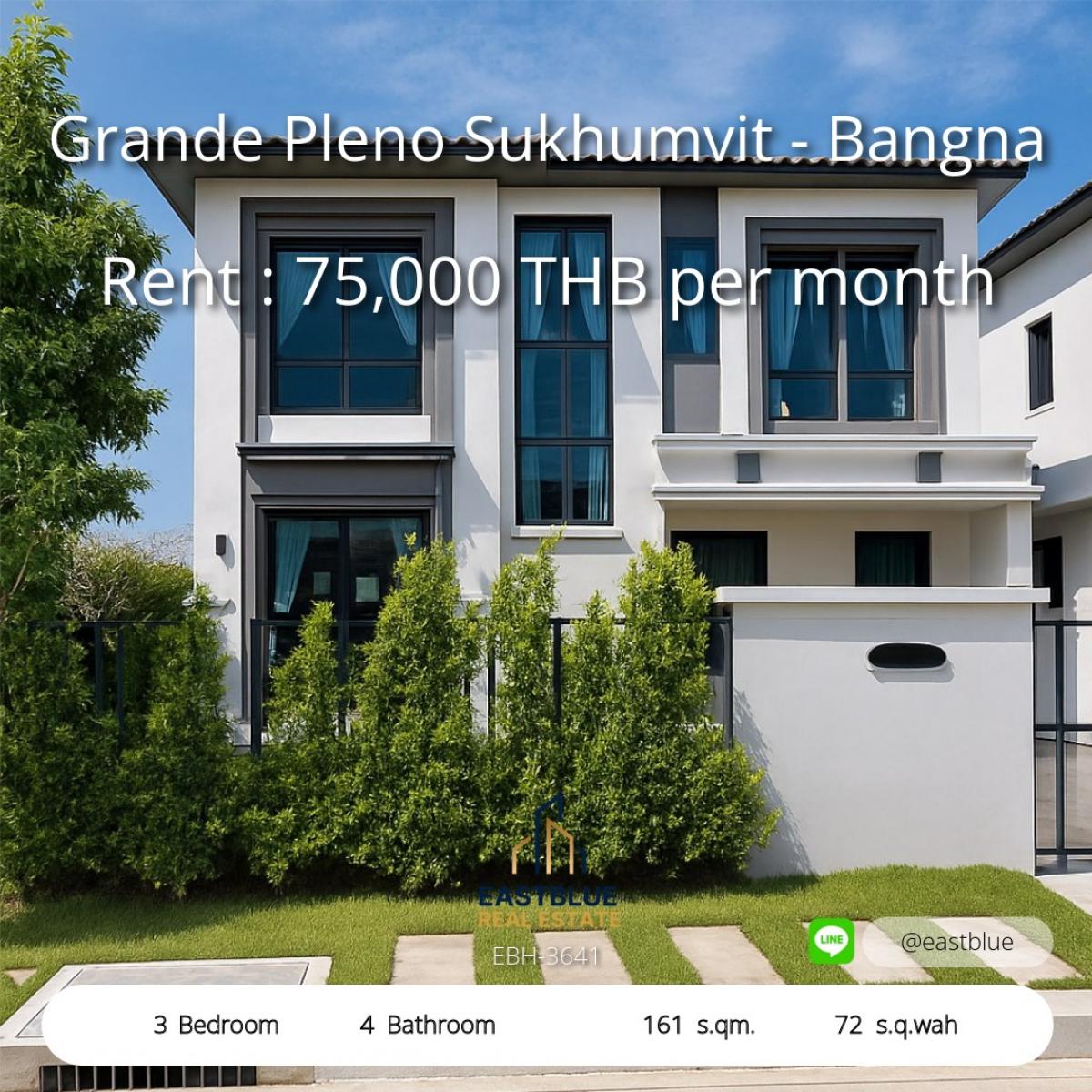 For RentTownhomeSamut Prakan,Samrong : Beautiful house, 3 bedrooms, Grande Pleno, Sukhumvit-Bangna, near the city! Rent for only 75,000 baht/month or buy for 12 million!