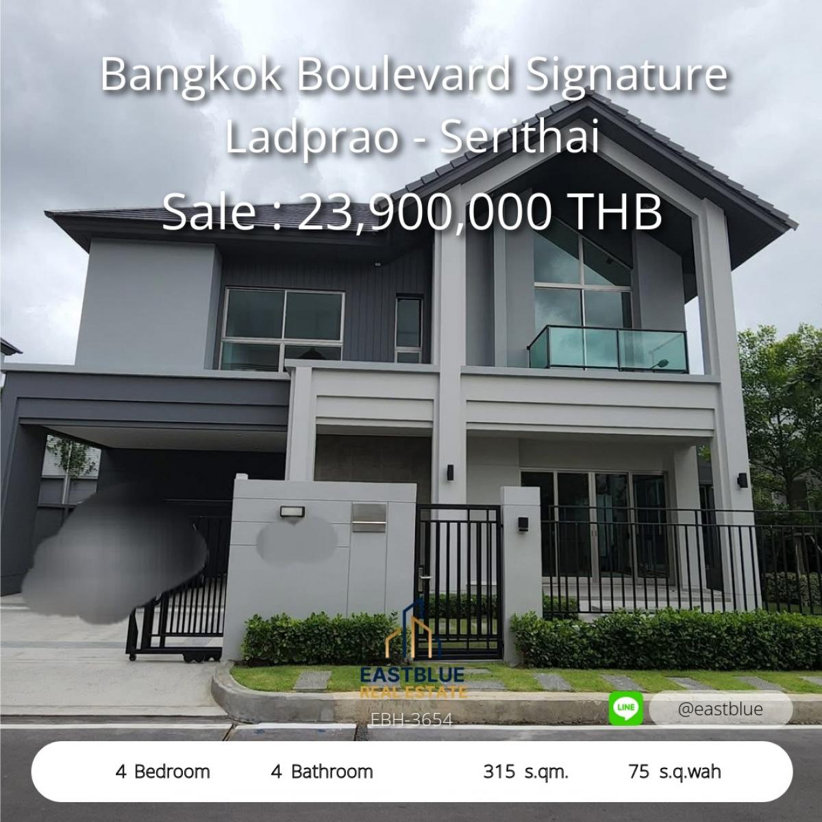 For SaleHouseSeri Thai, Ramkhamhaeng Nida : Luxury detached house, 4 bedrooms, Lat Phrao-Seri Thai area, near BTS/MRT. Selling for 23.9 million baht or renting for 150,000 baht/month, ready to move in, fully decorated!