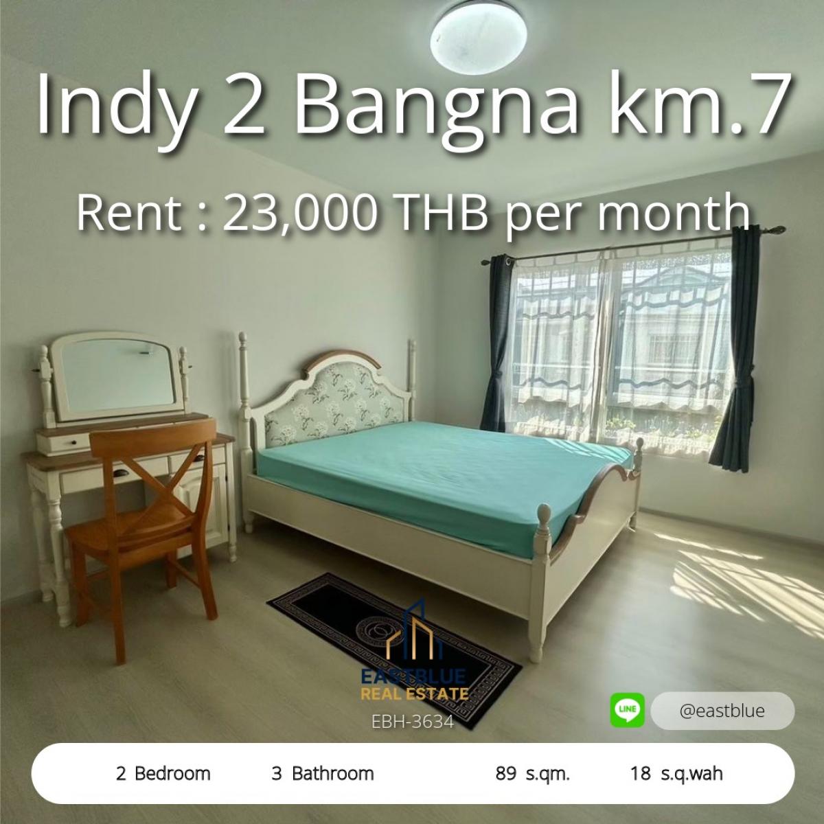 For RentTownhomeBangna, Bearing, Lasalle : Townhome for rent, Indy 2 Bangna, 2 bedrooms, near the expressway. Beautiful house 89 sq m. with land 18 sq m. Rental price only 23,000 baht/month.