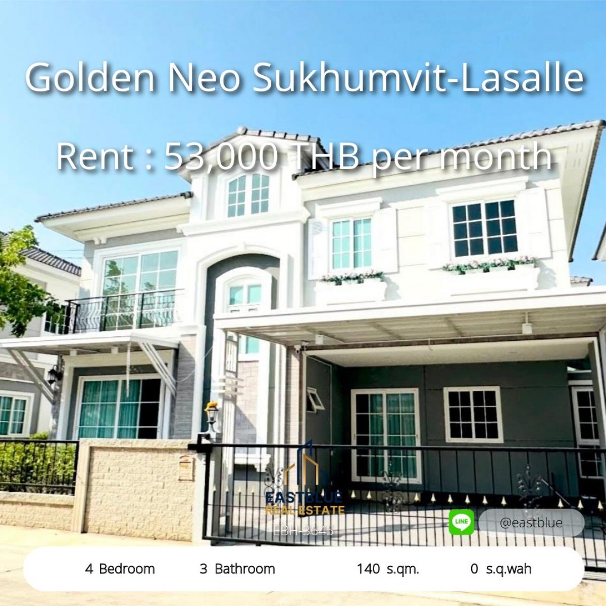 For RentHouseSamut Prakan,Samrong : Golden Neo Sukhumvit-Lasalle townhome, 4 bedrooms, ready to move in! Rent only 57,000 baht per month, prime location in Sukhumvit-LaSalle area.