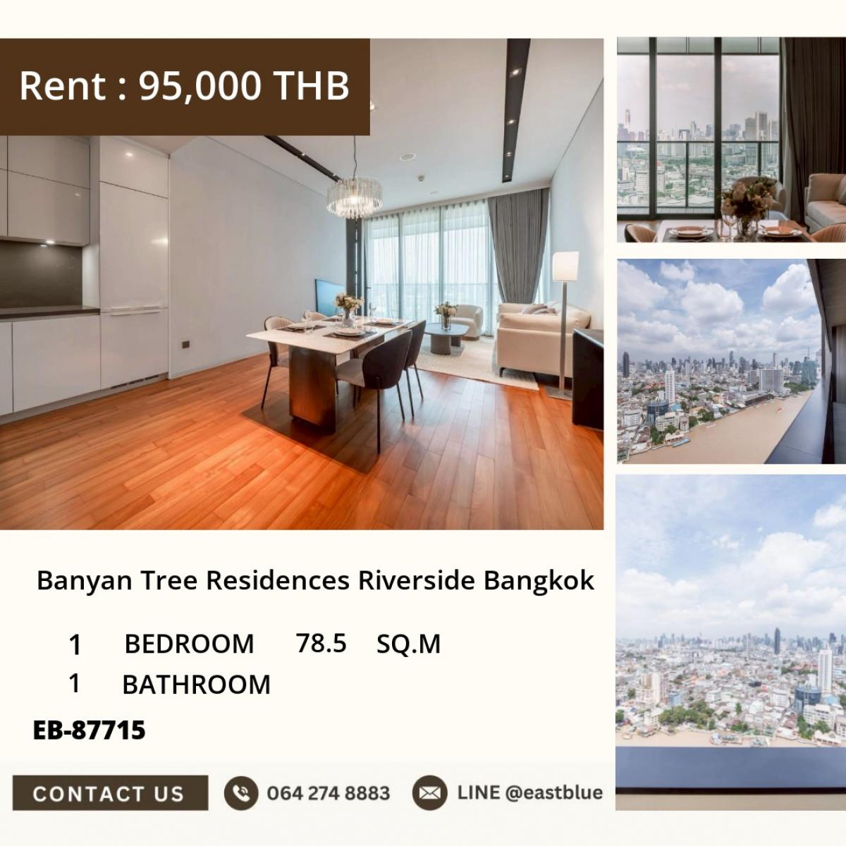For RentCondoWongwianyai, Charoennakor : For rent: luxury 1-bedroom condo Banyan Tree Riverside near BTS Khlong San
Spacious area of 78.5 sq.m. Price only 95,000 THB/month!
