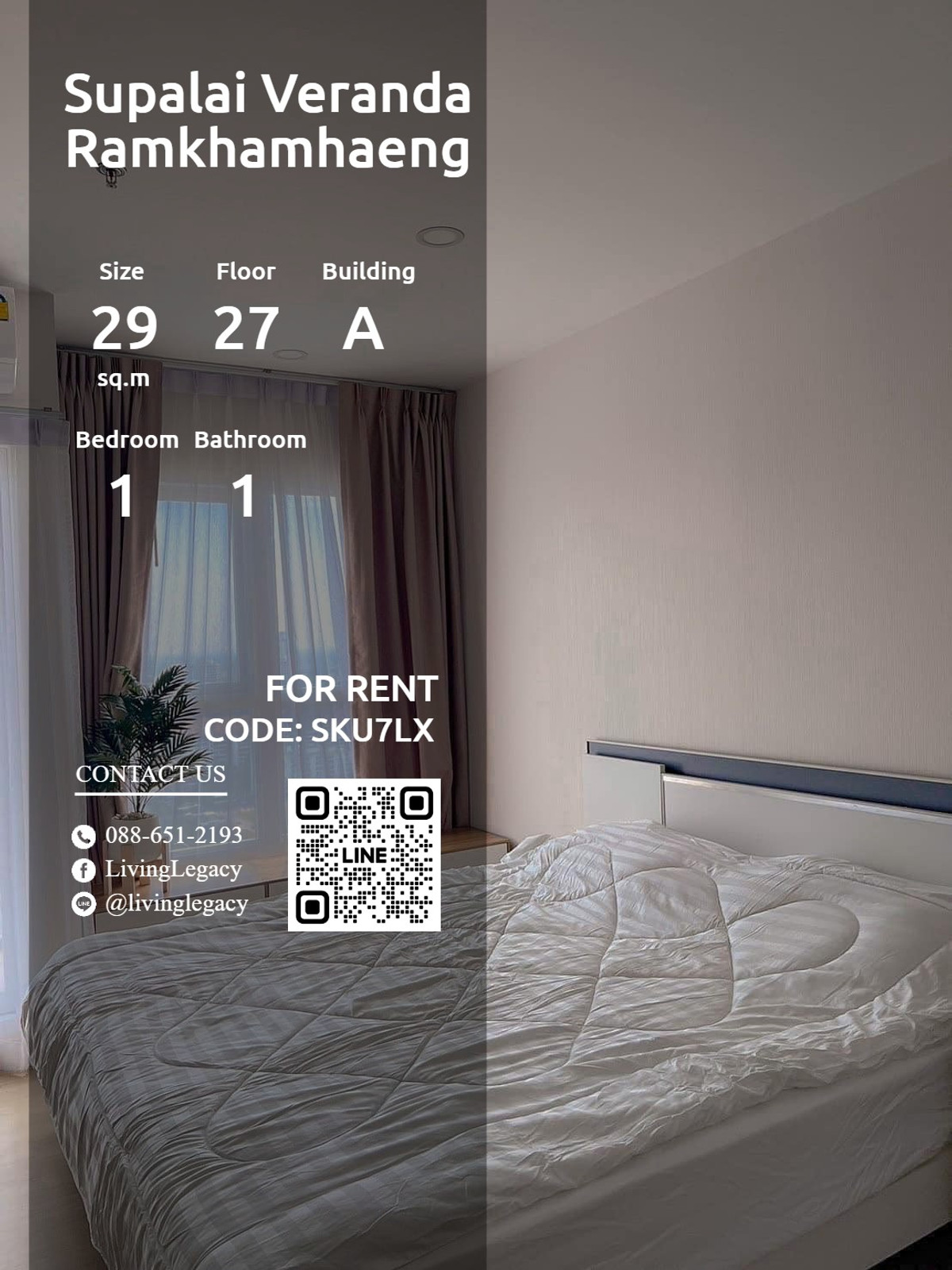 For RentCondoRamkhamhaeng, Hua Mak : SKU7LX Condo for rent Supalai Veranda Ramkhamhaeng 29 sq m, 27th floor, Building A line id : @livinglegacy