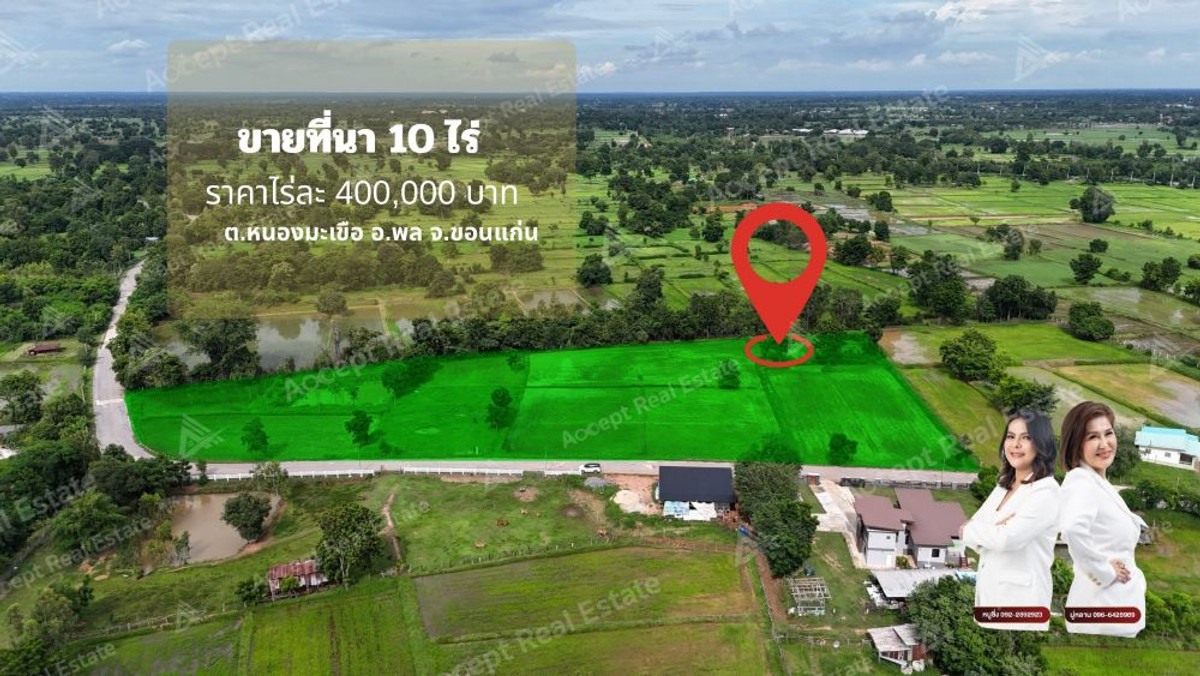 For SaleLandKhon Kaen : Urgent sale, beautiful rice field, good location, Muang Phon, Khon Kaen, area 10 rai.