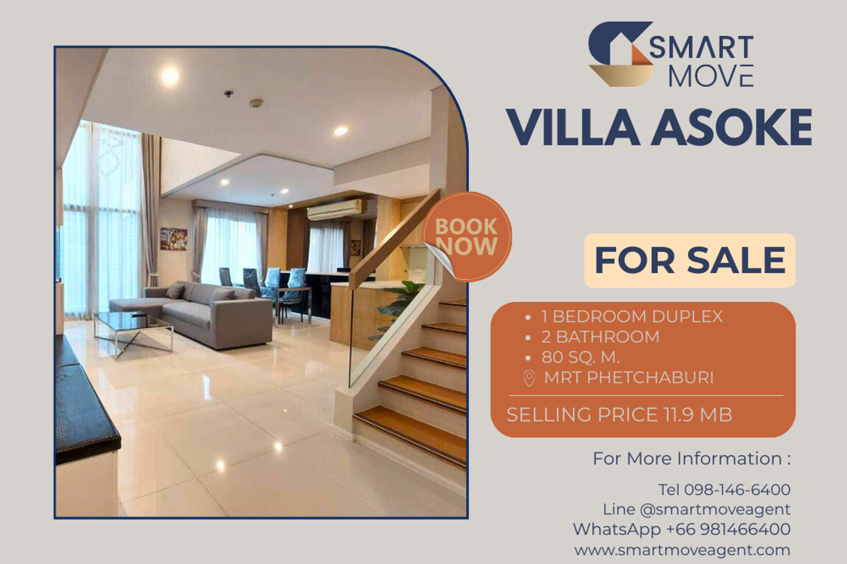 For SaleCondoRama9, Petchburi, RCA : Sell with tenant !!  Code C20250800009..........Villa Asoke, 1 bedroom, 1 bathroom Duplex, furnished