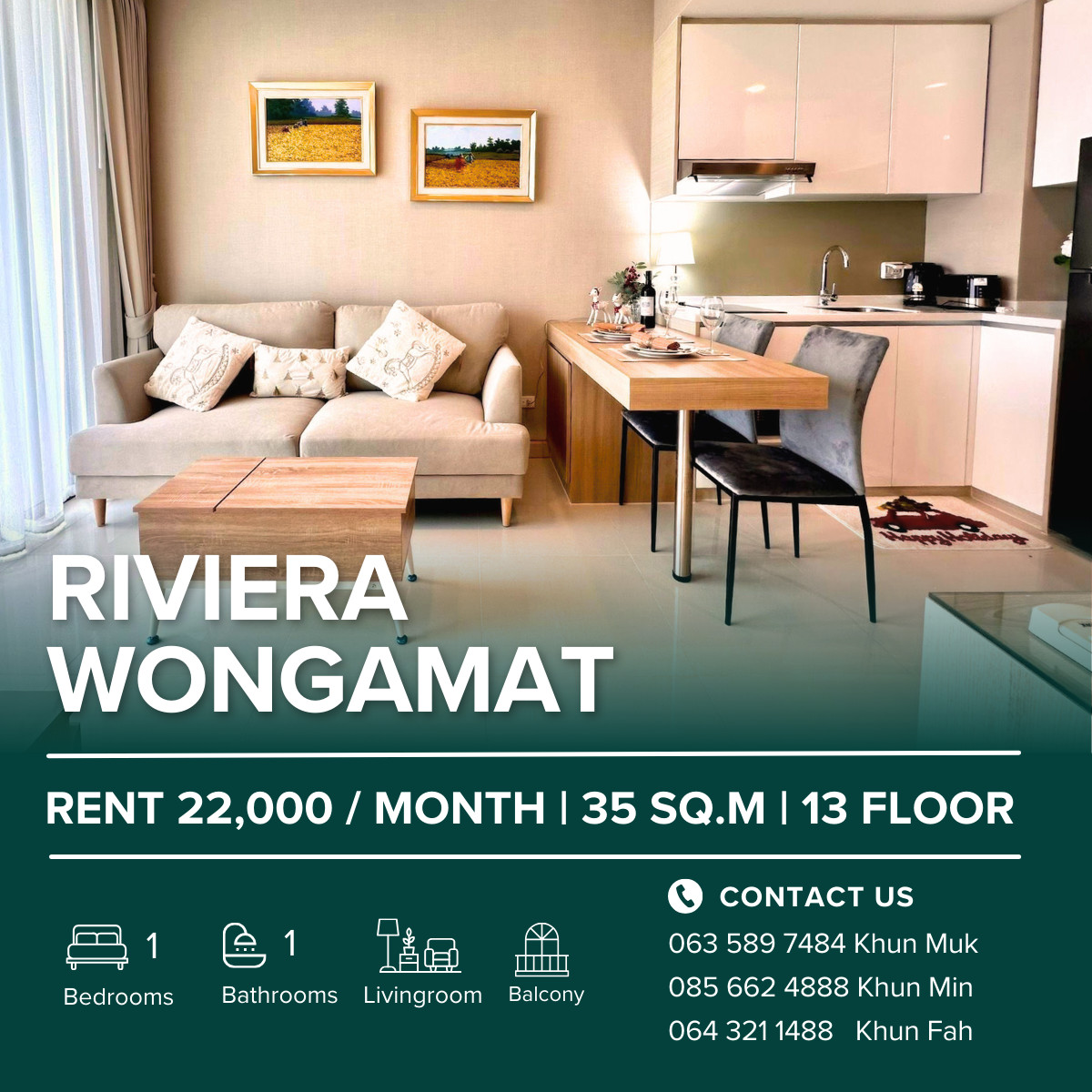 For RentCondoPattaya, Bangsaen, Chonburi : 🔥 For Rent – The Riviera Wongamat | 22,000 THB/month | 35 SQ.M. | 13 Floor | City & sea View | Tower A 🌆