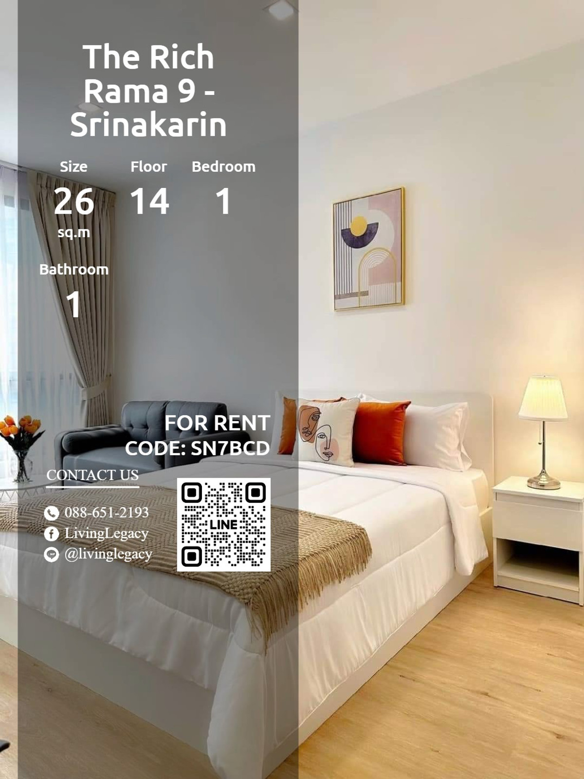 For RentCondoPattanakan, Srinakarin : SN7BCD Condo for rent The Rich Rama 9 - Srinakarin 26 sq m, 14th floor line id : @livinglegacy