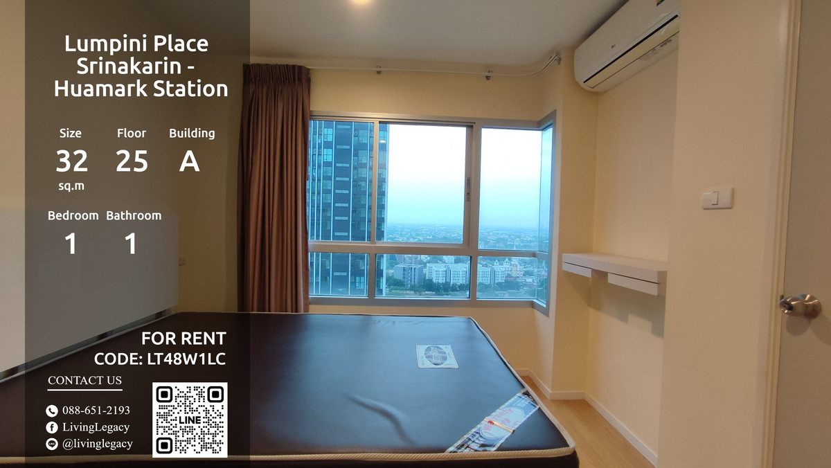 For RentCondoPattanakan, Srinakarin : LT48W1LC Condo for rent Lumpini Place Srinakarin - Huamark Station 32 sq m, 25th floor, Building A line id : @livinglegacy