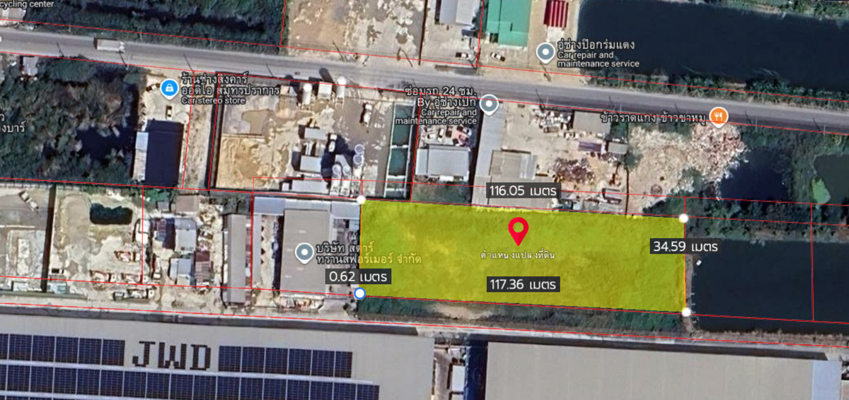 For SaleLandSamut Prakan,Samrong : 3 rai of vacant land for sale – potential location in the purple zone, suitable for building a factory/warehouse. Road along the Suvarnabhumi Water Canal