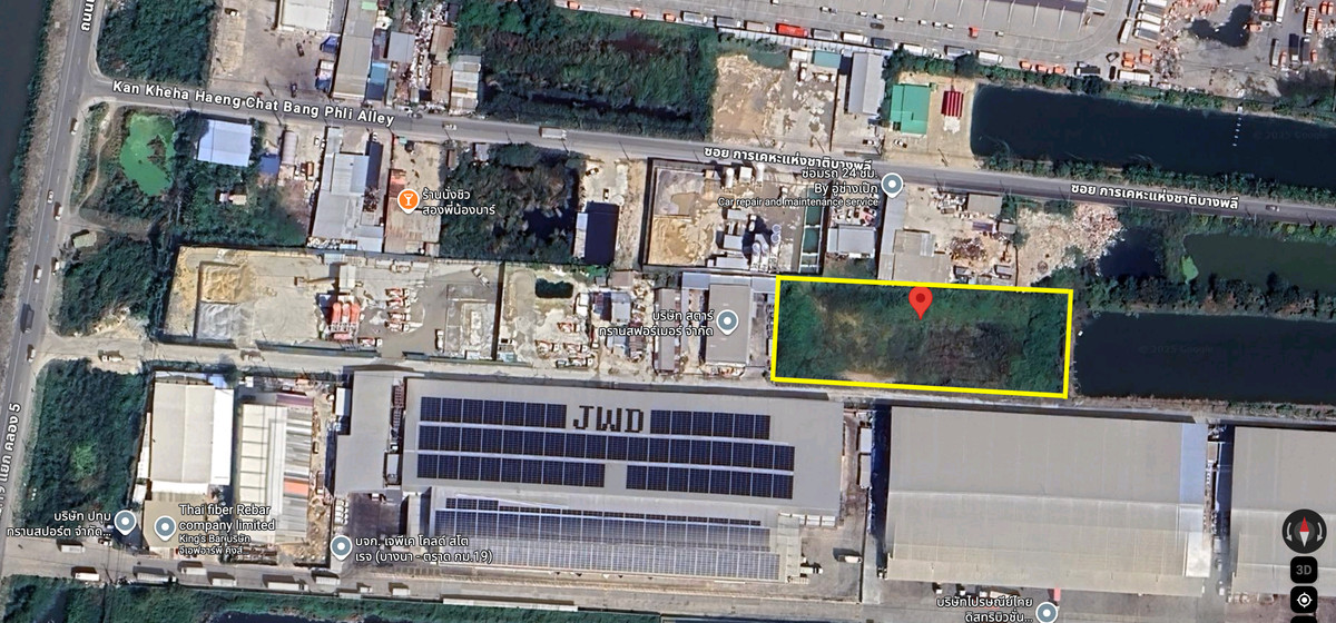 For SaleLandSamut Prakan,Samrong : 3 rai of vacant land for sale – potential location in the purple zone, suitable for building a factory/warehouse. Road along the Suvarnabhumi Water Canal