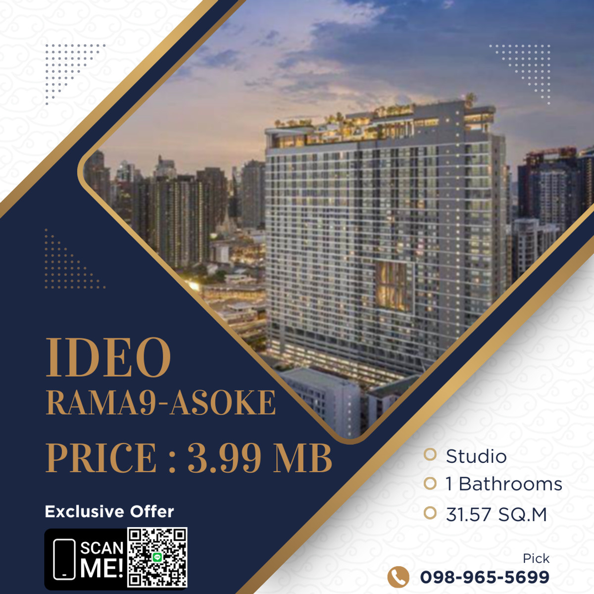 For SaleCondoRama9, Petchburi, RCA : For sale Ideo Rama4 - Asoke Studio room price 3.99 MB Contact 098-9655699