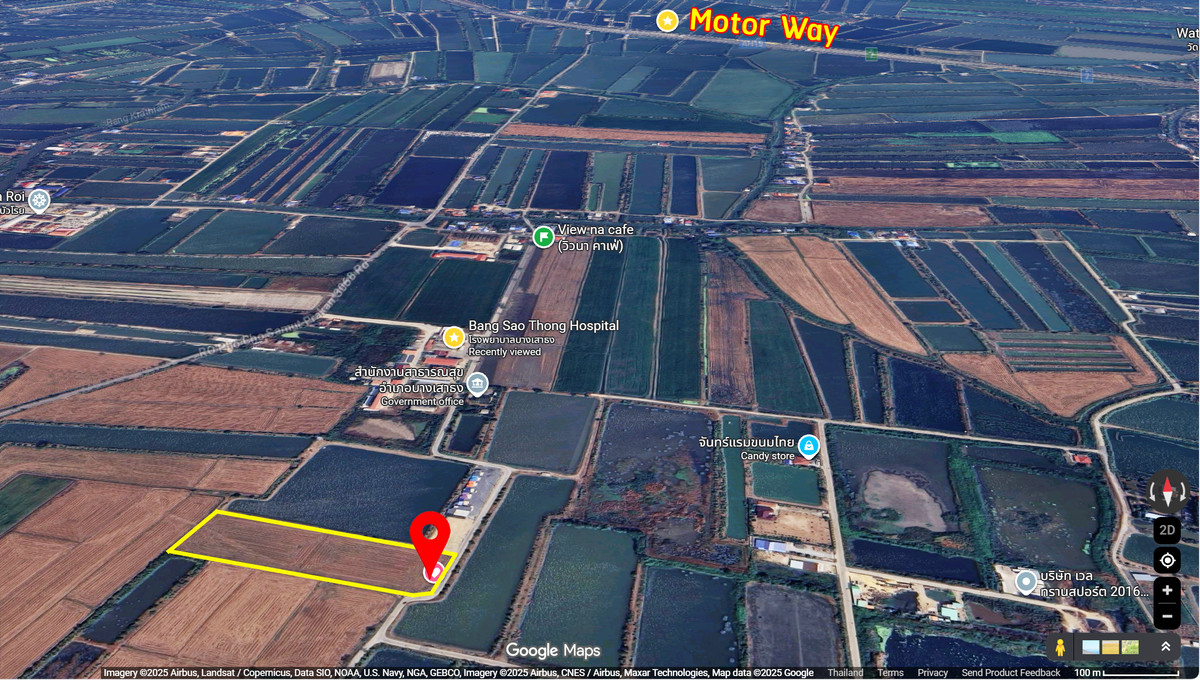 For SaleLandBangna, Bearing, Lasalle : Empty land for sale, 10 rai, Bang Sao Thong Subdistrict, Bang Sao Thong District, next to a public road, 12 meter wide road (connecting Highway 3068), close to Bang Sao Thong Hospital, only 500 meters, prime location, high growth future.