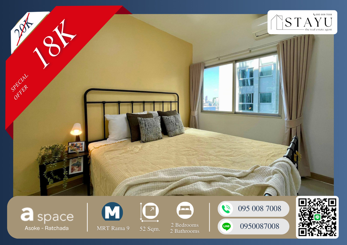 For RentCondoRama9, Petchburi, RCA : 🔥🔥 Large Unit!! Cheapest in the Entire Building!! Will Go Fast at This Price!! Fully Furnished!! Prime Location!! A Space Hideaway Asoke–Ratchada, right next to MRT Rama 9. Contact now before it’s taken! 🔥🔥