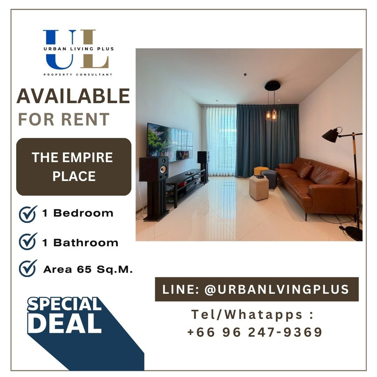 For RentCondoSathorn, Narathiwat : ( UL2512012 ) Tel/Line 096-2479369 ,  FOR RENT THE EMPIRE PLACE, 1 bedroom 1 bathroom 65 Sq.M. High floor, Ready to move in✨