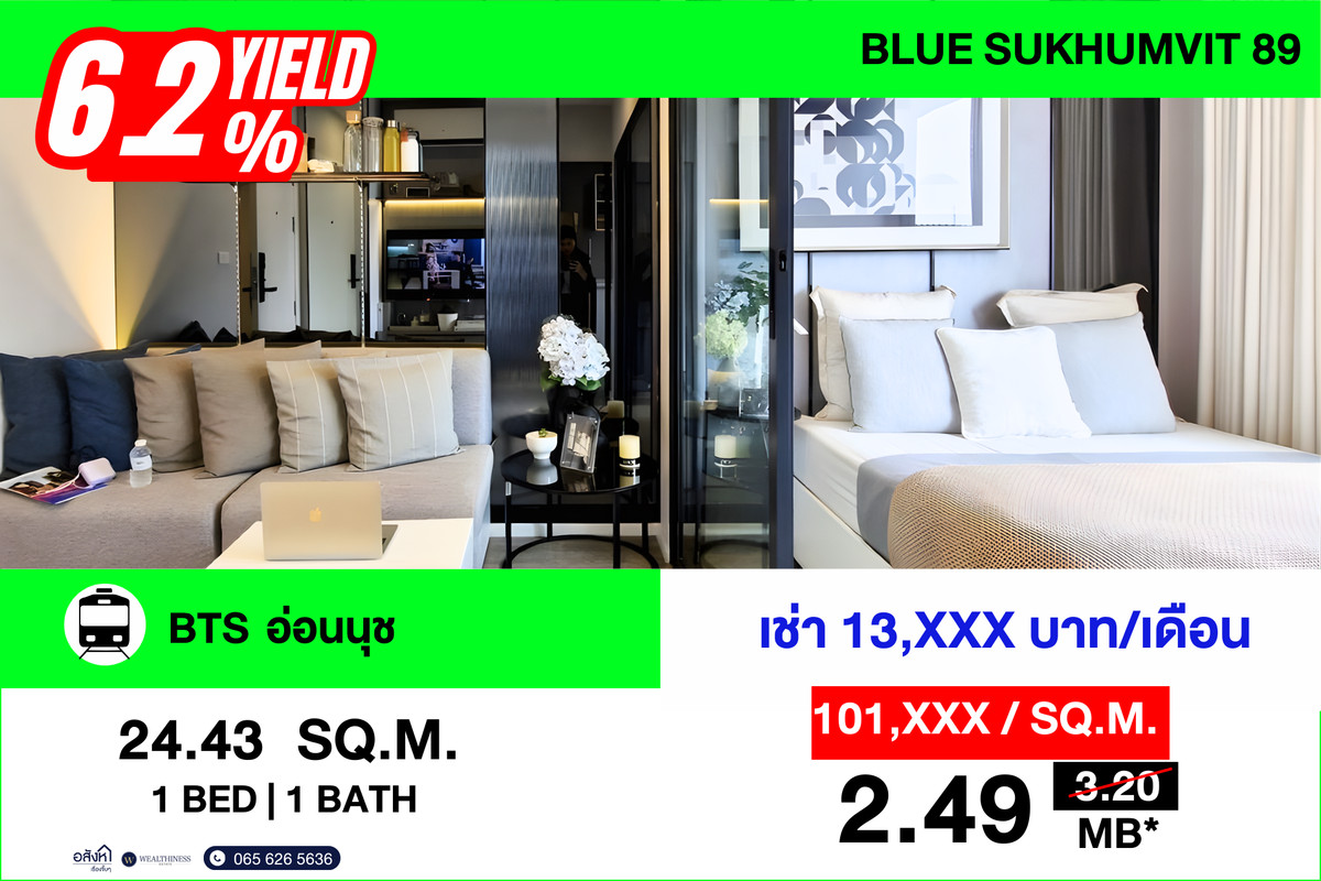 For SaleCondoOnnut, Udomsuk : 🎯 Shocking deal! Discount over 710,000 THB! 💸 Yield rising to 6.2%* ✨ Ready-to-move-in condo in the heart of Sukhumvit 89, starting at just over 2 million!