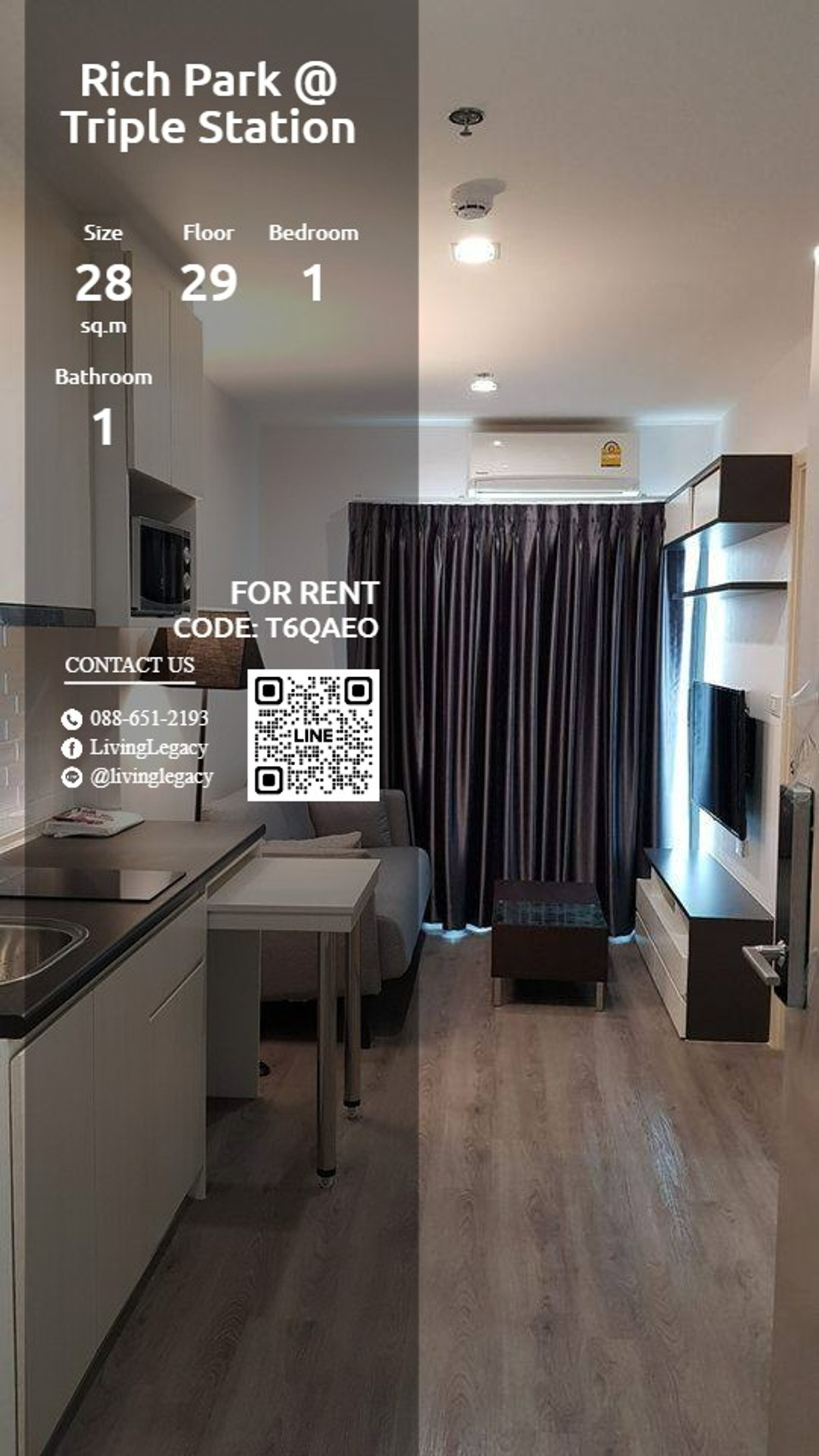 For RentCondoPattanakan, Srinakarin : T6QAEO Condo for rent Rich Park @ Triple Station 28 sq m, 29th floor line id : @livinglegacy