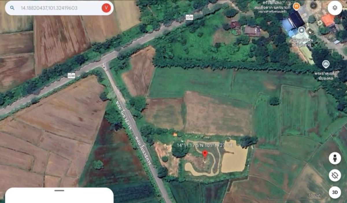 ขายที่ดินนครนายก : 92367 - ขายที่ดินเปล่า อ.ปากพลี จ.นครนายก ขนาด 4 ไร่ 41.9 ตร.ว. หน้ากว้างติดถนน 68 ม. ลึก 134 ม. ถมแล้ว น้ำไฟ เข้าถึง ที่ดินแปลงสวยเหมาะสำหรับลงทุนทำร้านอาหาร คาเฟ่ หรืออยู่อาศัย ติดถนนหลวง 3288