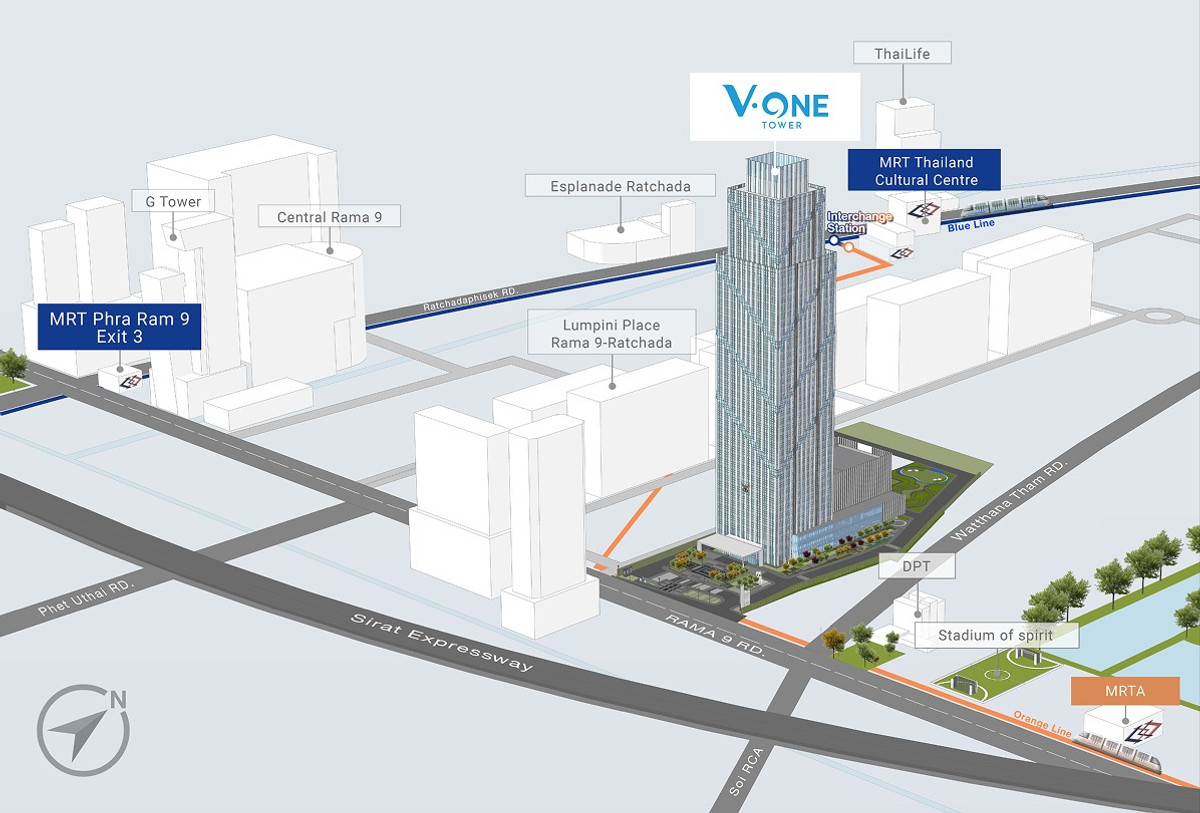For RentOfficeRama9, Petchburi, RCA : Office Space V ONE Tower 88-299sqm For RENT Near MRT PhraRam 9 Central Rama 9