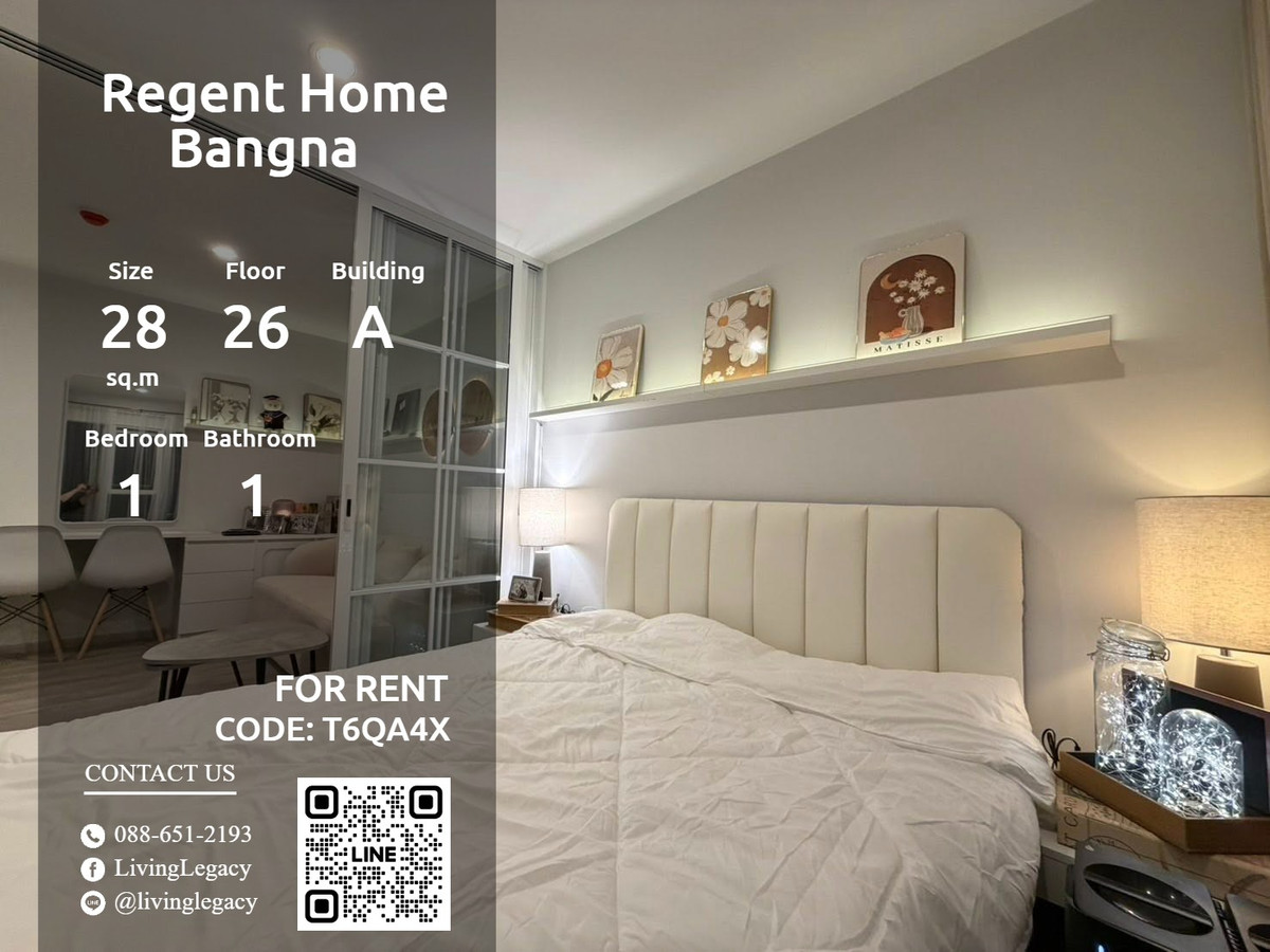 For RentCondoBangna, Bearing, Lasalle : T6QA4X Condo for rent Regent Home Bangna 28 sq m, 26th floor, Building A line id : @livinglegacy