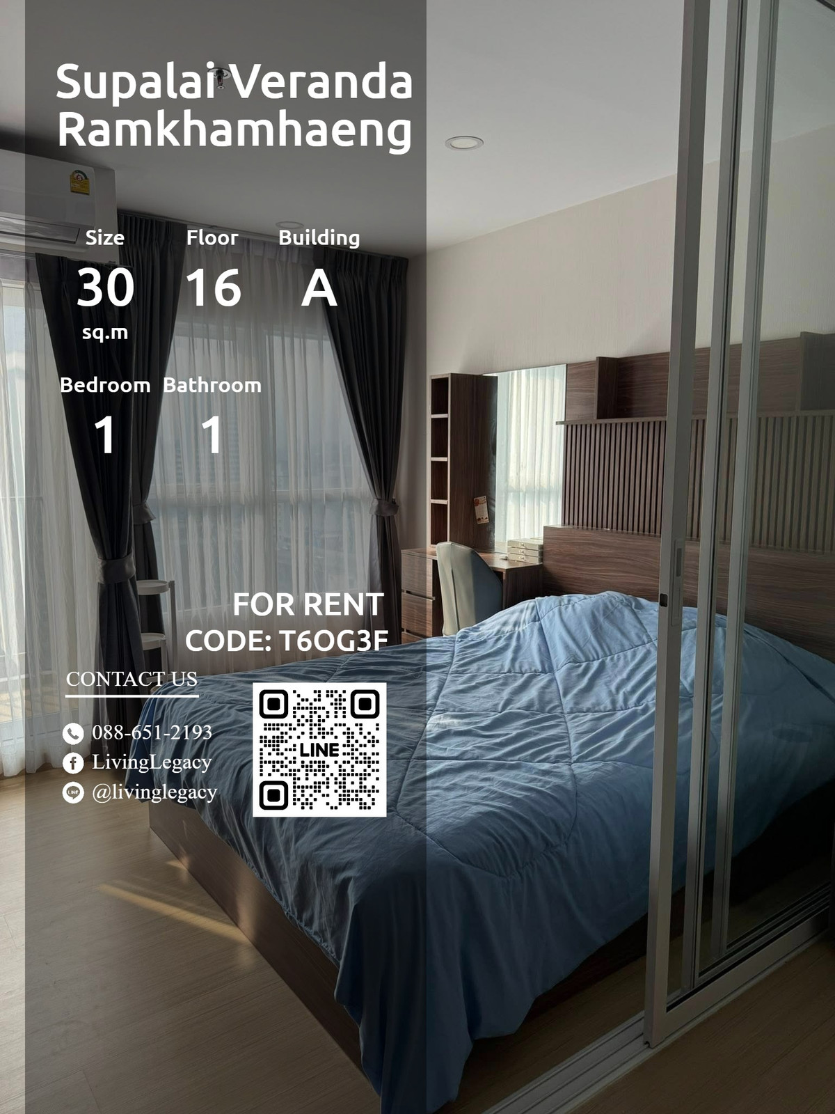 For RentCondoRamkhamhaeng, Hua Mak : T6OG3F Condo for rent Supalai Veranda Ramkhamhaeng 30 sq m, 16th floor, Building A line id : @livinglegacy