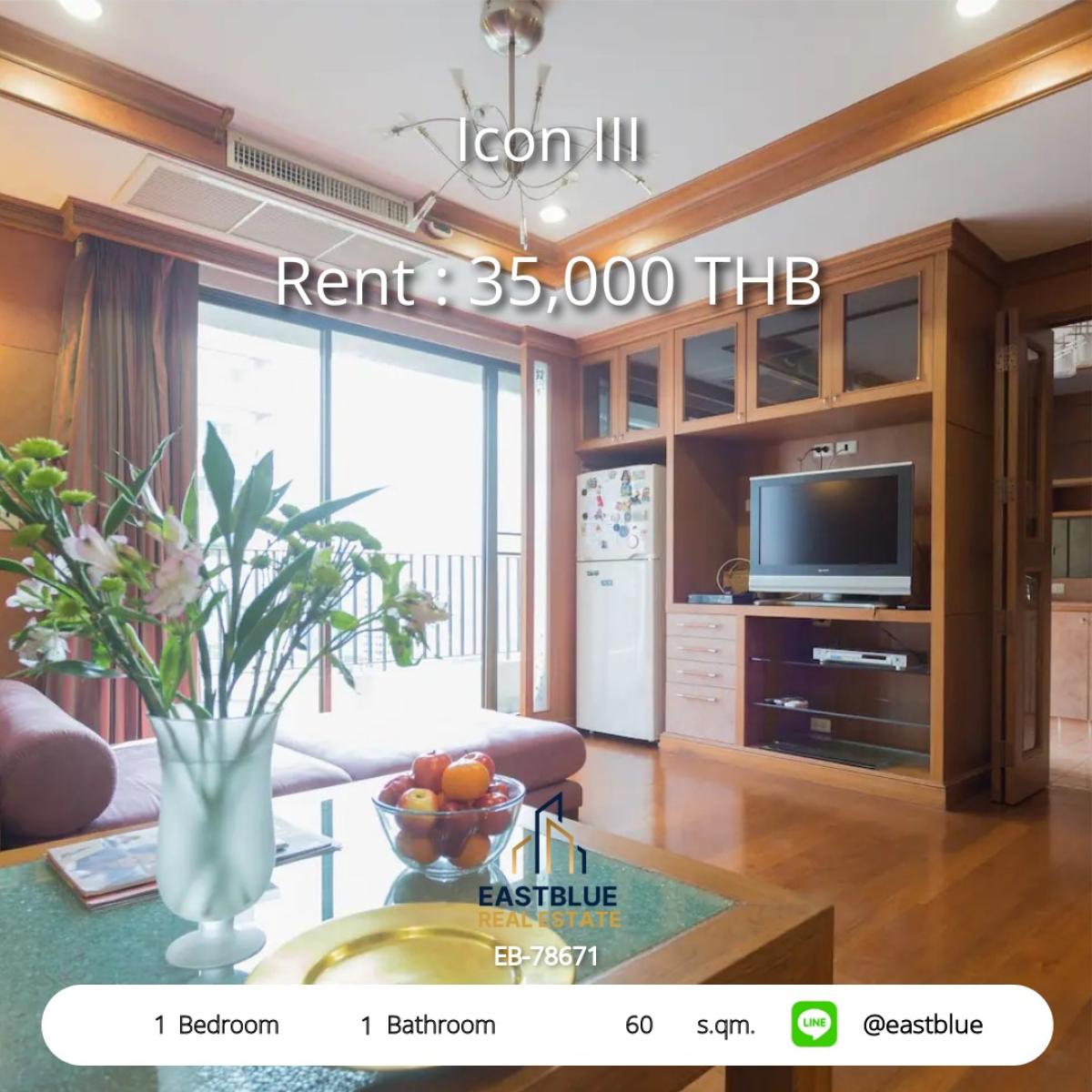 For RentCondoSukhumvit, Asoke, Thonglor : Rent a 1-bedroom condo at Icon III in the heart of Thonglor, 60 sq.m., close to BTS for only 35,000 Baht/month!