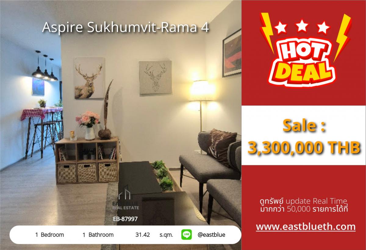 For SaleCondoKhlongtoei, Kluaynamthai : Condo Aspire Sukhumvit-Rama 4, 1 bedroom, great price, near BTS On NutSize 31.42 sqm, only 3.3 million. Best investment or to live in!