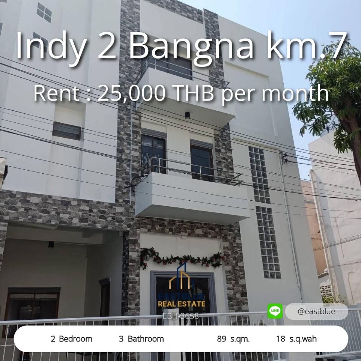 For RentTownhomeBangna, Bearing, Lasalle : Townhome for rent, Indy 2 Bangna, 2 bedrooms, 89 sq m, near the expressway. 
Area width 18 sq m. Rental price only 30,000 baht/month. Very worthwhile investment or living!