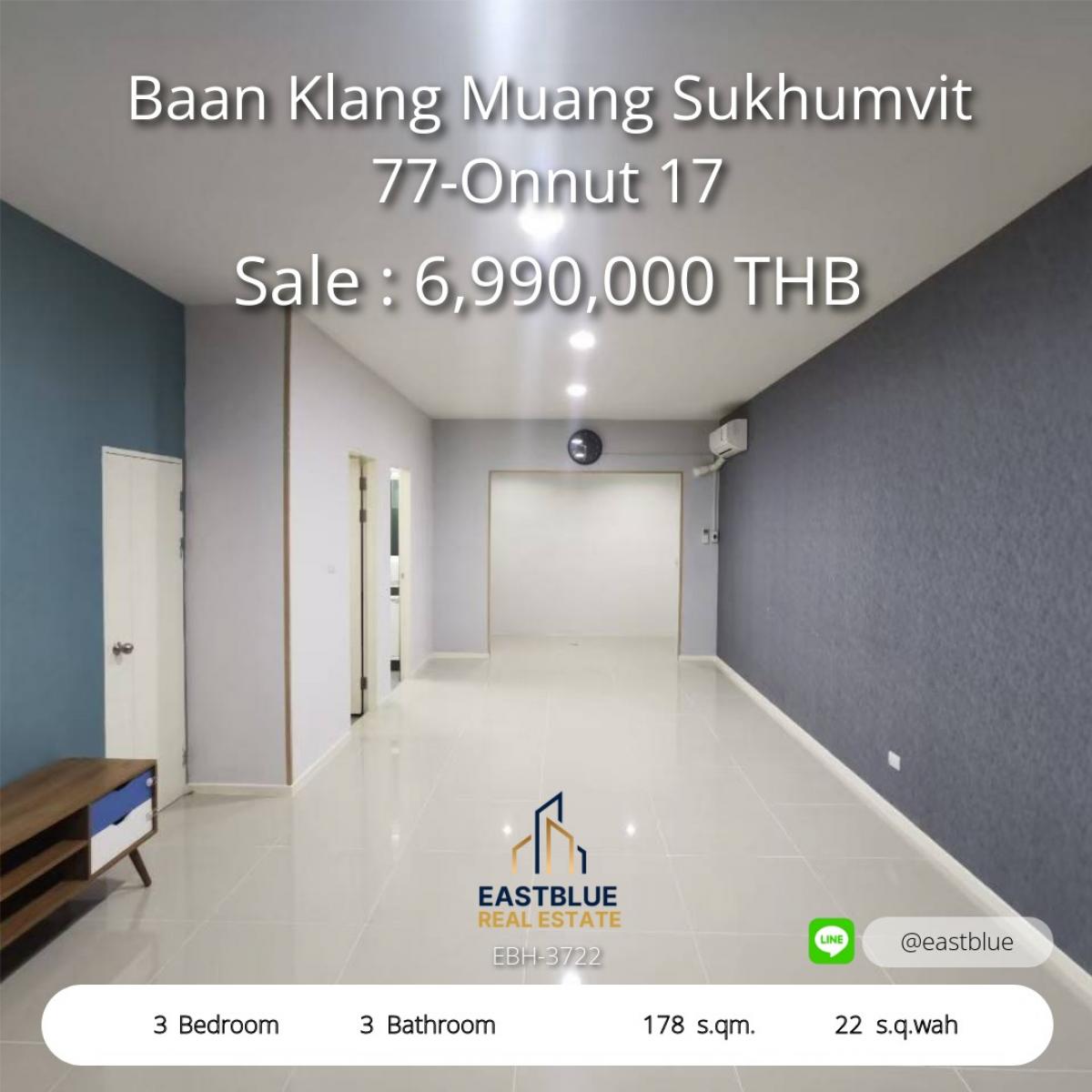 For SaleTownhomeOnnut, Udomsuk : Single house, 3 bedrooms, modern style, near Sukhumvit 77. Width area 178 sq m. Special price only 6.99 million baht!