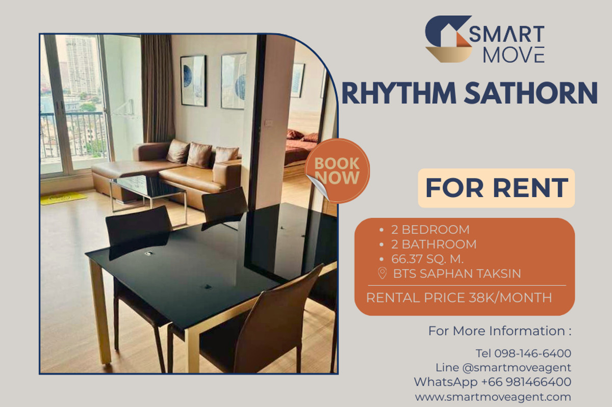 ให้เช่าคอนโดสาทร นราธิวาส : 🔥 สำหรับเช่า !! วิวเมือง, ชั้นสูง, ส่วนกลางวิวแม่น้ำ, ห้องหายาก!! 🔥 Code C20240301742..........Rhythm Sathorn, 2 ห้องนอน, 2 ห้องน้ำ, แต่งครบ, พร้อมเข้าอยู่📣📣