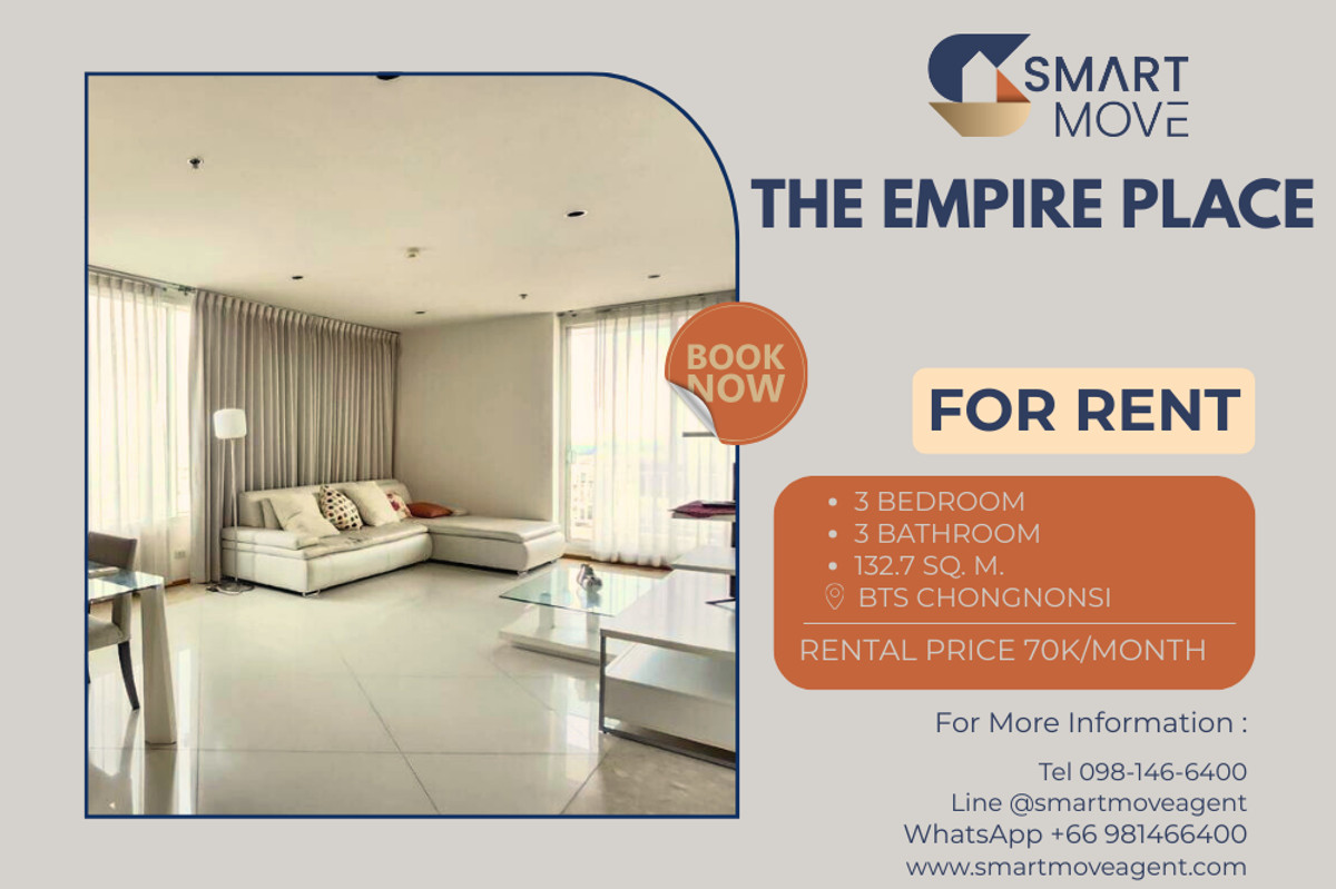 For RentCondoSathorn, Narathiwat : 🔥 For Rent !! Wide living room, high floor 29++, Sathorn city view!! 🔥 Code C20221201812..........The Empire Place, 3 bedroom, 3 bathroom, furnished, ready to move in📣📣