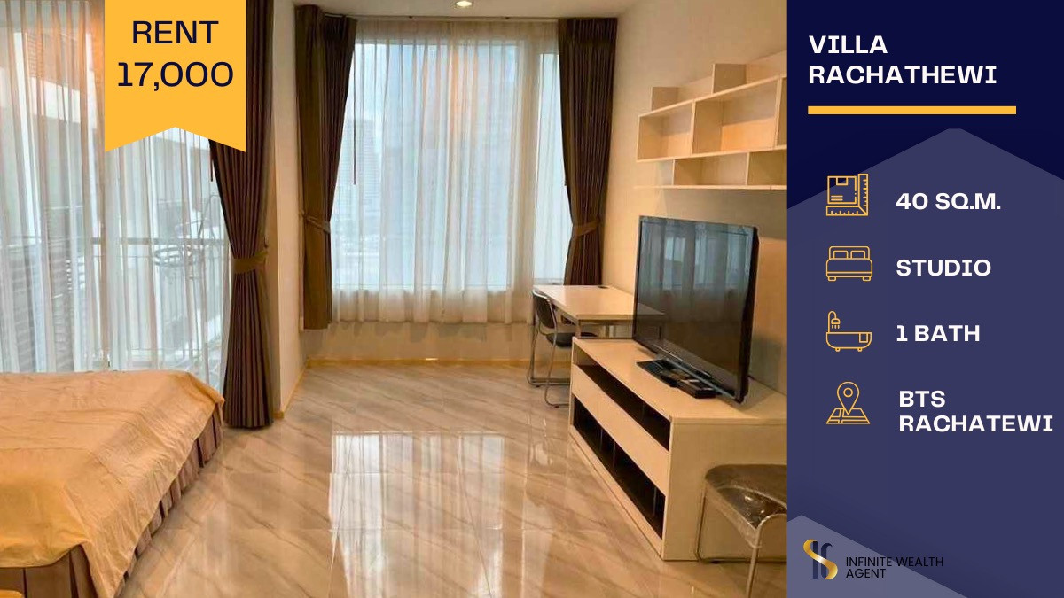 For RentCondoRatchathewi,Phayathai : ✨ For Rent: Villa Rachathewi ✨ Unblocked view with a bright and open cityscape 🌆 Fully furnished with complete electrical appliances — ready to move in 🛋️⚡ Super convenient, just steps from BTS Ratchathewi 🚆Rental Price 17,000 THB/Month💰 