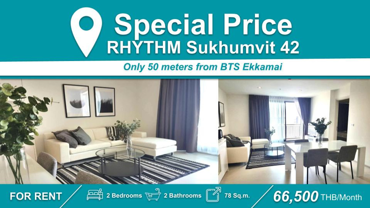 For RentCondoSukhumvit, Asoke, Thonglor : (For rent) Condo RHYTHM 42 I 2-BR, beautiful room, high floor, ready to move in, fully furnished + electrical appliances ㅡ Near 🚆BTS Ekkamai